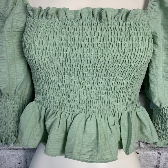 En Saison Crop Top Mint Smocked Puff Sleeve Square Neck Peasant Boho Blouse - Picture 3 of 12